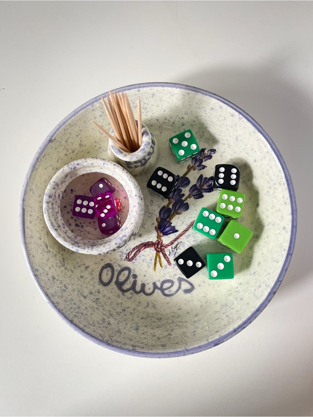 Handpainted Ceramic Olive Serving Dish Lavender Motif Pit Well Toothpick Holder - Picture 4 of 7